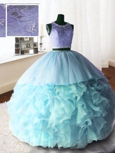 Scoop Baby Blue Sleeveless Organza and Tulle and Lace Brush Train Zipper Quinceanera Gown for Military Ball and Sweet 16