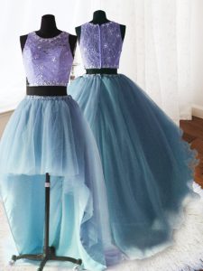 Flirting Three Piece Scoop With Train Baby Blue Vestidos de Quinceanera Organza and Tulle and Lace Brush Train Sleeveles