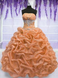Fashionable Orange Strapless Lace Up Beading Quinceanera Dresses Sleeveless