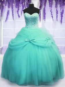 Aqua Blue Ball Gowns Tulle Sweetheart Sleeveless Beading and Sequins and Bowknot Floor Length Lace Up Quince Ball Gowns