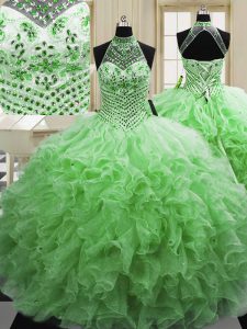 Quince Ball Gowns Military Ball and Sweet 16 and Quinceanera and For with Beading and Ruffles Halter Top Sleeveless Lace