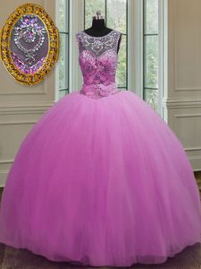 Gorgeous Scoop Sleeveless Tulle Floor Length Lace Up 15 Quinceanera Dress in Lilac with Beading