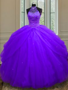 Elegant Halter Top Sleeveless Floor Length Beading and Sequins Lace Up Vestidos de Quinceanera with Purple