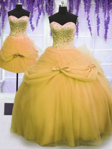 Three Piece Gold Sleeveless Tulle Lace Up Sweet 16 Dress for Military Ball and Sweet 16 and Quinceanera