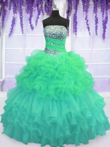 Sleeveless Organza Floor Length Lace Up Quinceanera Gown in Multi-color with Beading and Ruffled Layers and Pick Ups