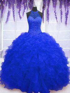 Royal Blue Sleeveless Floor Length Beading and Ruffles and Sequins Lace Up Quinceanera Gowns