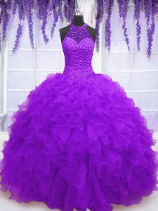 Flare High-neck Sleeveless Quince Ball Gowns Floor Length Beading and Ruffles Purple Organza