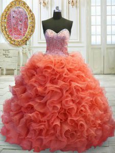 Coral Red Organza Lace Up Quinceanera Gowns Sleeveless Sweep Train Beading and Ruffles
