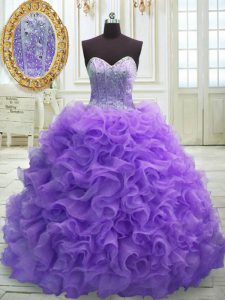 Sexy Sleeveless Beading and Ruffles Lace Up Quinceanera Dress with Purple Sweep Train