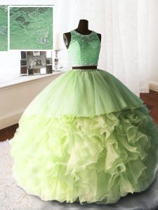 Classical Scoop Yellow Green Zipper Quinceanera Gown Beading and Lace and Ruffles Sleeveless With Brush Train