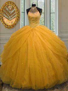 Gold Tulle Lace Up Halter Top Sleeveless Floor Length Quince Ball Gowns Beading