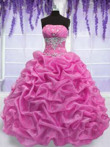 Low Price Rose Pink Strapless Lace Up Beading 15th Birthday Dress Sleeveless