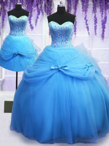 Romantic Three Piece Sleeveless Lace Up Floor Length Beading and Bowknot Quinceanera Dress