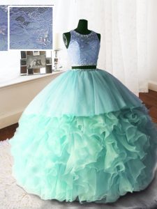 Trendy Scoop Sleeveless Brush Train Zipper Quinceanera Gown Apple Green Organza and Tulle and Lace
