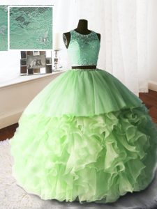 Affordable Scoop Sleeveless Sweet 16 Dress With Brush Train Beading and Lace and Ruffles Organza and Tulle and Lace