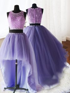 Customized Three Piece Scoop Lavender Zipper Vestidos de Quinceanera Beading and Lace and Ruffles Sleeveless With Brush 