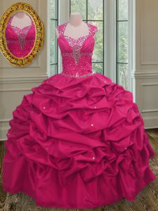 Sexy Straps Pick Ups Hot Pink Sleeveless Taffeta Lace Up 15th Birthday Dress for Military Ball and Sweet 16 and Quincean