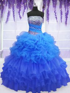 Adorable Blue Lace Up Sweet 16 Dress Beading and Ruffled Layers and Pick Ups Sleeveless Floor Length