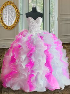 Attractive Pink And White Sleeveless Beading and Ruffles Floor Length Sweet 16 Quinceanera Dress