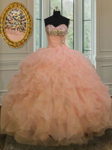 Peach Organza Lace Up Sweetheart Sleeveless Floor Length 15th Birthday Dress Beading and Ruffles