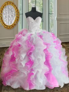 Sweetheart Sleeveless Lace Up Sweet 16 Dress White and Pink Organza