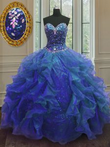 Custom Design Sweetheart Sleeveless Lace Up Quinceanera Dresses Blue Organza and Sequined