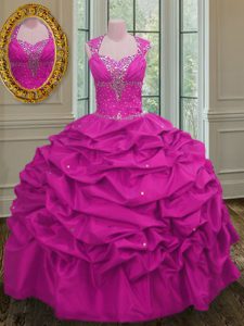 Extravagant Straps Fuchsia Ball Gowns Beading and Pick Ups Sweet 16 Quinceanera Dress Lace Up Taffeta Cap Sleeves Floor 