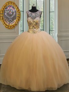 Scoop Sleeveless Backless Quinceanera Dresses Gold Tulle