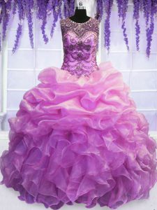 Popular Lilac Organza Lace Up Scoop Sleeveless Floor Length Sweet 16 Quinceanera Dress Beading and Pick Ups