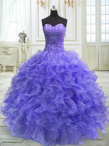 Fantastic Purple Sleeveless Organza Lace Up Sweet 16 Dresses for Military Ball and Sweet 16 and Quinceanera
