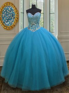 Trendy Teal Lace Up Sweetheart Beading Sweet 16 Quinceanera Dress Tulle Sleeveless