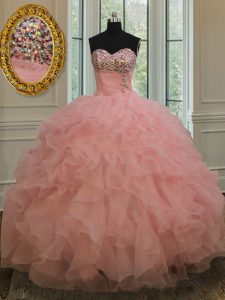 Sleeveless Floor Length Beading and Ruffles Lace Up Quince Ball Gowns with Watermelon Red