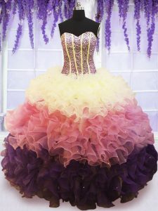Deluxe Sweetheart Sleeveless Organza Quinceanera Gowns Beading and Ruffles and Ruffled Layers Lace Up