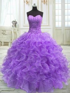 Stylish Lavender Sleeveless Floor Length Beading and Ruffles Lace Up Quince Ball Gowns
