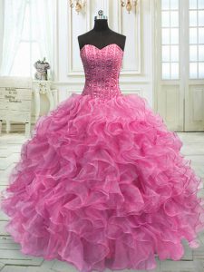 Rose Pink Organza Lace Up Sweetheart Sleeveless Floor Length Quinceanera Dresses Beading and Ruffles