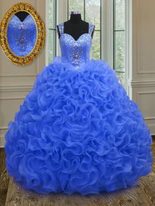 Top Selling Royal Blue Straps Zipper Beading and Ruffles Ball Gown Prom Dress Sleeveless