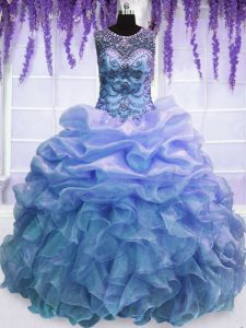 Gorgeous Blue Lace Up Scoop Beading and Ruffles Quince Ball Gowns Organza Sleeveless