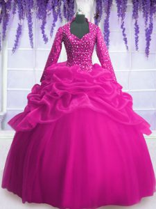 Admirable Floor Length Fuchsia 15th Birthday Dress Organza Long Sleeves Sequins and Pick Ups