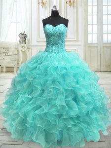 Classical Aqua Blue Ball Gowns Sweetheart Sleeveless Organza Floor Length Lace Up Beading and Ruffles Sweet 16 Quinceane