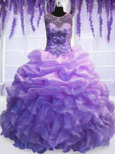 Glittering Scoop Pick Ups Lavender Sleeveless Organza Lace Up Quinceanera Dress for Military Ball and Sweet 16 and Quinc