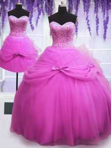 Three Piece Lilac Lace Up Sweetheart Beading and Bowknot Quinceanera Dress Tulle Sleeveless