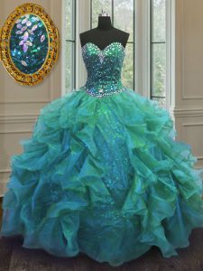 Sweetheart Sleeveless Quince Ball Gowns Floor Length Beading and Ruffles Turquoise Organza and Sequined