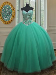 Turquoise Ball Gowns Tulle Sweetheart Sleeveless Beading Floor Length Zipper Vestidos de Quinceanera