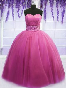 Fashion Rose Pink Ball Gowns Tulle Sweetheart Sleeveless Beading and Belt Floor Length Lace Up Quinceanera Dress