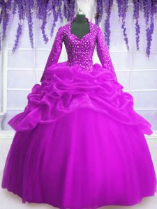 Floor Length Fuchsia Sweet 16 Quinceanera Dress Organza Long Sleeves Sequins and Pick Ups
