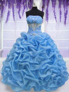 Hot Sale Strapless Sleeveless Lace Up Quinceanera Dress Blue Organza