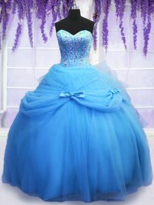 Amazing Sleeveless Floor Length Beading and Bowknot Lace Up Ball Gown Prom Dress with Blue