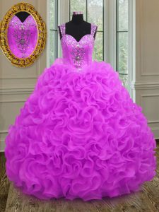 Straps Fuchsia Lace Up Ball Gown Prom Dress Beading and Ruffles Sleeveless Floor Length