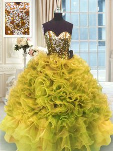Fine Gold Sleeveless Organza Lace Up Quinceanera Gown for Military Ball and Sweet 16 and Quinceanera