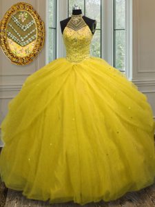 Halter Top Beading Quince Ball Gowns Gold Lace Up Sleeveless Floor Length